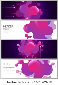 The minimalistic vector illustration of the editable layout of headers, banner design templates. Black background with fluid gradient, liquid pink colored geometric element.
