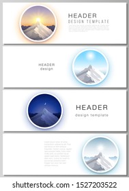 The minimalistic vector illustration of the editable layout of headers, banner design templates. Mountain illustration, outdoor adventure. Travel concept background. Flat design vector.