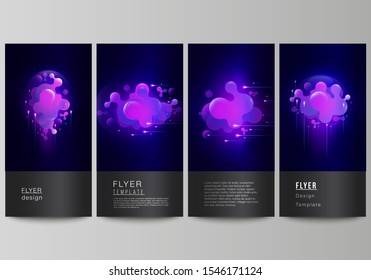 The minimalistic vector illustration of the editable layout of flyer, banner design templates. Black background with fluid gradient, liquid blue colored geometric element.