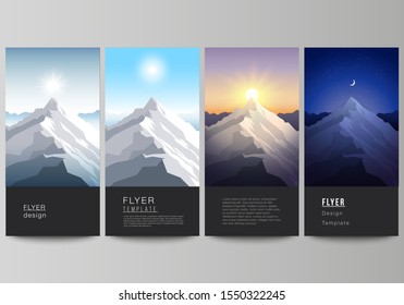 The minimalistic vector illustration of the editable layout of flyer, banner design templates. Mountain illustration, outdoor adventure. Travel concept background. Flat design vector.
