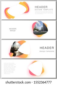 The minimalistic vector illustration of the editable layout of headers, banner design templates. Yellow color gradient abstract dynamic shapes, colorful geometric template design.