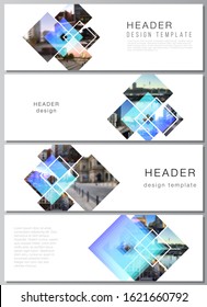 The minimalistic vector illustration of the editable layout of headers, banner design templates. Creative trendy style mockups, blue color trendy design backgrounds.