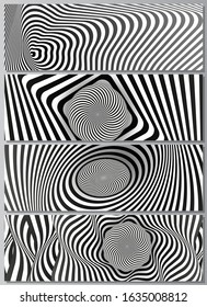 The minimalistic vector illustration of the editable layout of headers, banner design templates. Abstract 3D geometrical background with optical illusion black and white design pattern.