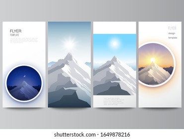 The minimalistic vector illustration of the editable layout of flyer, banner design templates. Mountain illustration, outdoor adventure. Travel concept background. Flat design vector.