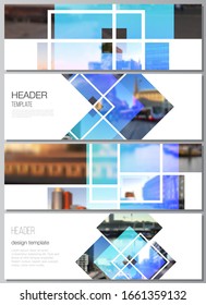 The minimalistic vector illustration of the editable layout of headers, banner design templates. Creative trendy style mockups, blue color trendy design backgrounds.