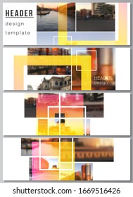 The minimalistic vector illustration of the editable layout of headers, banner design templates. Creative trendy style mockups, blue color trendy design backgrounds.