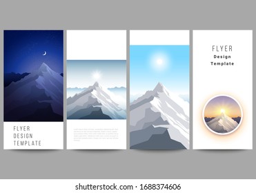 The minimalistic vector illustration of the editable layout of flyer, banner design templates. Mountain illustration, outdoor adventure. Travel concept background. Flat design vector.