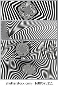 The minimalistic vector illustration of the editable layout of headers, banner design templates. Abstract 3D geometrical background with optical illusion black and white design pattern.