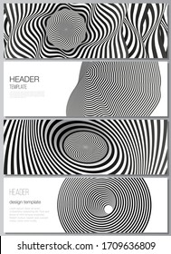 The minimalistic vector illustration of the editable layout of headers, banner design templates. Abstract 3D geometrical background with optical illusion black and white design pattern.