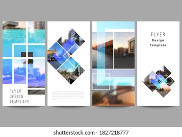The minimalistic vector illustration of the editable layout of flyer, banner design templates. Creative trendy style mockups, blue color trendy design backgrounds.