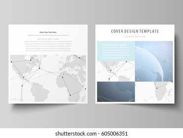The minimalistic vector illustration of the editable layout of two square format covers design templates for brochure, flyer, booklet. World globe on blue. Global network connections, lines and dots.