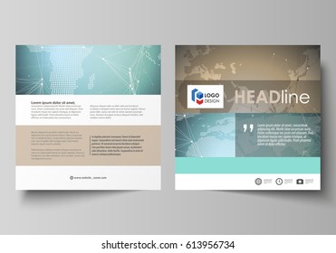 The minimalistic vector illustration of the editable layout of two square format covers design templates for brochure, flyer, booklet. Chemistry pattern with molecule structure. Medical DNA research