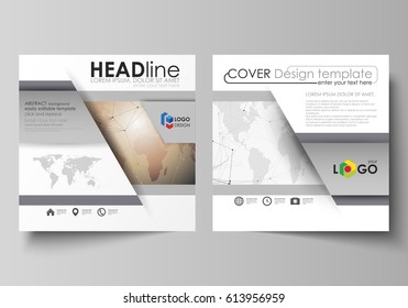 The minimalistic vector illustration of the editable layout of two square format covers design templates for brochure, flyer, magazine. Global network connections, technology background with world map