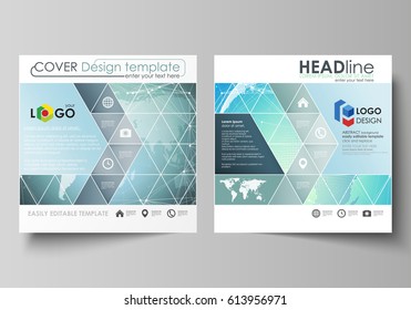 The minimalistic vector illustration of editable layout of two square format covers design templates for brochure, flyer, booklet. Chemistry pattern, molecule structure, geometric design background.