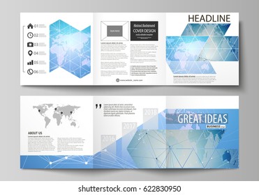 The minimalistic vector illustration of the editable layout. Two modern creative covers design templates for square brochure or flyer. World map on blue, geometric technology design, polygonal texture