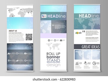 The minimalistic vector illustration of editable layout of roll up banner stands, vertical flyers, flags design business templates. Polygonal texture. Global connections, futuristic geometric concept.