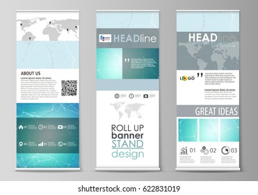 The minimalistic vector illustration of the editable layout of roll up banner stands, vertical flyers, flags design business templates. Futuristic high tech background, dig data technology concept.