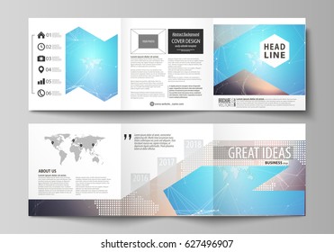 The minimalistic vector illustration of the editable layout. Two modern creative covers design templates for square brochure or flyer. Molecule structure. Science, technology concept. Polygonal design
