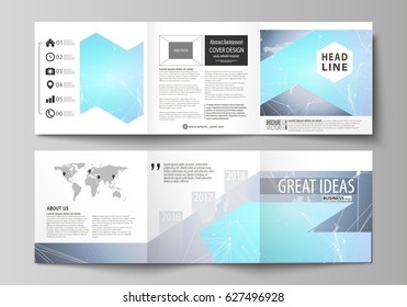 The minimalistic vector illustration of editable layout. Two modern creative covers design templates for square brochure or flyer. Polygonal texture. Global connections, futuristic geometric concept.