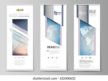 The minimalistic vector illustration of the editable layout of roll up banner stands, vertical flyers, flags design templates. Polygonal geometric linear texture. Global network, dig data concept.