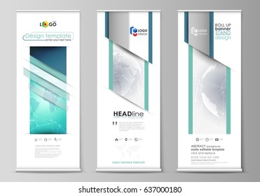 The minimalistic vector illustration of editable layout of roll up banner stands, vertical flyers, flags design business templates. Chemistry pattern. Molecule structure. Medical, science background.