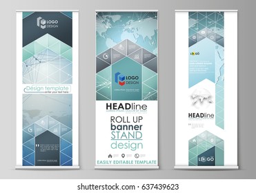 The minimalistic vector illustration of the editable layout of roll up banner stands, vertical flyers, flags design business templates. Chemistry pattern, connecting lines and dots. Medical concept.