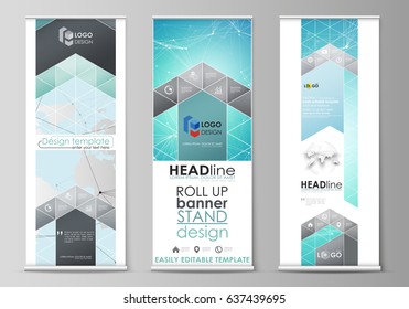 The minimalistic vector illustration of the editable layout of roll up banner stands, vertical flyers, flags design business templates. Futuristic high tech background, dig data technology concept.