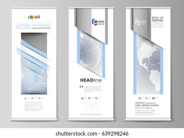 The minimalistic vector illustration of the editable layout of roll up banner stands, vertical flyers, flags design business templates. Technology concept. Molecule structure, connecting background.