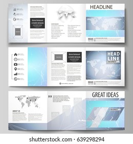 The minimalistic vector illustration of the editable layout. Three creative covers design templates for square brochure or flyer. Polygonal texture. Global connections, futuristic geometric concept.
