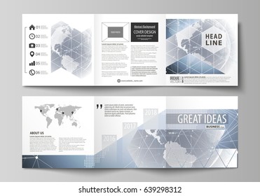 The minimalistic vector illustration of the editable layout. Two modern creative covers design templates for square brochure or flyer. Abstract futuristic network shapes. High tech background.