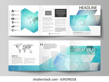 The minimalistic vector illustration of the editable layout. Two modern creative covers design templates for square brochure or flyer. Molecule structure, connecting lines and dots. Technology concept