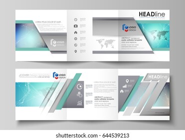 The minimalistic vector illustration of the editable layout. Two modern creative covers design templates for square brochure or flyer. Molecule structure, connecting lines and dots. Technology concept