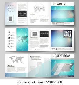 The minimalistic vector illustration of the editable layout. Three creative covers design templates for square brochure or flyer. Molecule structure, connecting lines and dots. Technology concept.