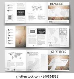 The minimalistic vector illustration of the editable layout. Three creative covers design templates for square brochure or flyer. Global network connections, technology background with world map.