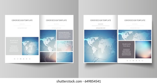 Minimalistic vector illustration of editable layout of two A4 format modern covers design templates for brochure, flyer, report. Polygonal geometric linear texture. Global network, dig data concept.