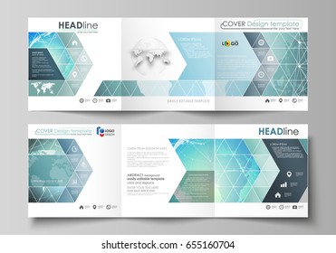 The minimalistic vector illustration of editable layout. Two modern creative covers design templates for square brochure or flyer. Chemistry pattern, molecule structure, geometric design background