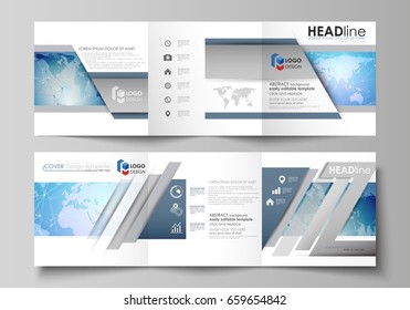 The minimalistic vector illustration of the editable layout. Two modern creative covers design templates for square brochure or flyer. World map on blue, geometric technology design, polygonal texture