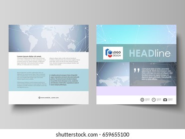 The minimalistic vector illustration of editable layout of two square format covers design templates for brochure, flyer, booklet. Polygonal texture. Global connections, futuristic geometric concept.