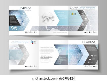 The minimalistic vector illustration of the editable layout. Two modern creative covers design templates for square brochure or flyer. Technology concept. Molecule structure, connecting background.