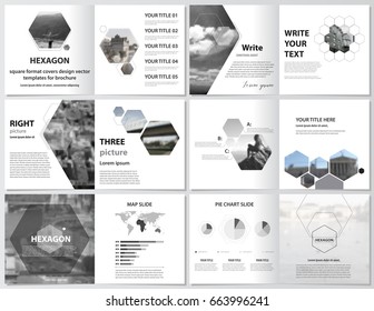 The minimalistic vector illustration of the editable layout of square design bi fold covers design templates for brochure, flyer, magazine, booklet. Abstract polygonal modern style with hexagons.