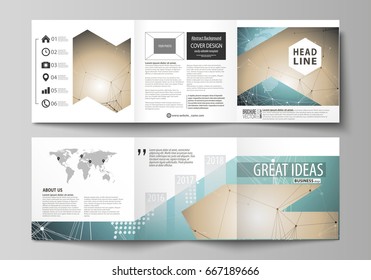 The minimalistic vector illustration of the editable layout. Two modern creative covers design templates for square brochure or flyer. Chemistry pattern with molecule structure. Medical DNA research