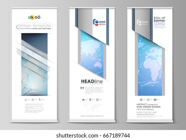 The minimalistic vector illustration of editable layout of roll up banner stands, vertical flyers, flags design business templates. World map on blue, geometric technology design, polygonal texture