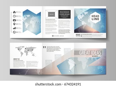 The minimalistic vector illustration of editable layout. Two modern creative covers design templates for square brochure or flyer. Polygonal geometric linear texture. Global network, dig data concept.