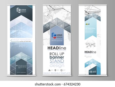The minimalistic vector illustration of the editable layout of roll up banner stands, vertical flyers, flags design business templates. World globe on blue. Global network connections, lines and dots.