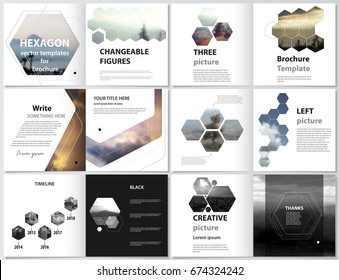 The minimalistic vector illustration of the editable layout of square design bi fold covers design templates for brochure, flyer, magazine, booklet. Abstract polygonal modern style with hexagons