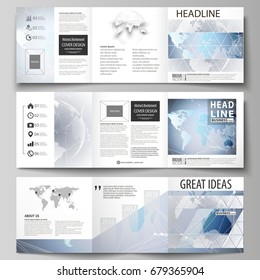The minimalistic vector illustration of the editable layout. Three creative covers design templates for square brochure or flyer. Technology concept. Molecule structure, connecting background.