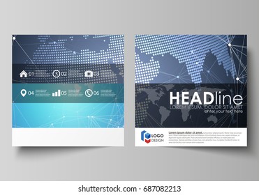 The minimalistic vector illustration of the editable layout of two square format covers design templates for brochure, flyer, booklet. Abstract global design. Chemistry pattern, molecule structure