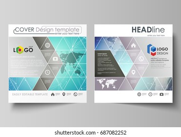 The minimalistic vector illustration of the editable layout of two square format covers design templates for brochure, flyer, booklet. Molecule structure, connecting lines and dots. Technology concept