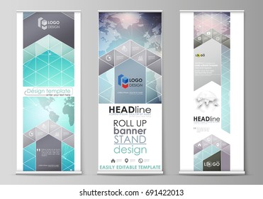 The minimalistic vector illustration of editable layout of roll up banner stands, vertical flyers, flags design business templates. Molecule structure, connecting lines and dots. Technology concept.