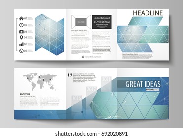 The minimalistic vector illustration of the editable layout. Two modern creative covers design templates for square brochure or flyer. Chemistry pattern, connecting lines and dots. Medical concept.